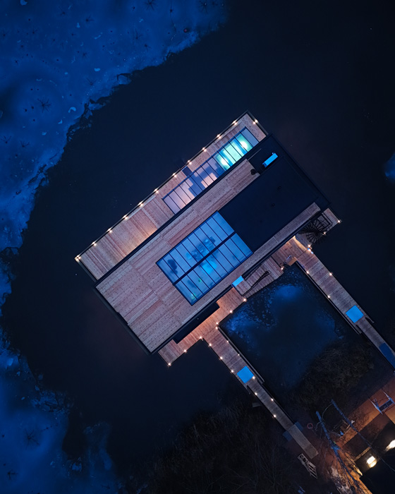 Bird’s-eye view of floating sauna restaurant Kaihu designed by Desavu in Finland